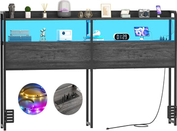 Headboard for King Bed Frame, Headboards with Outlets, USB Ports and LED Light, Head Board with Storage