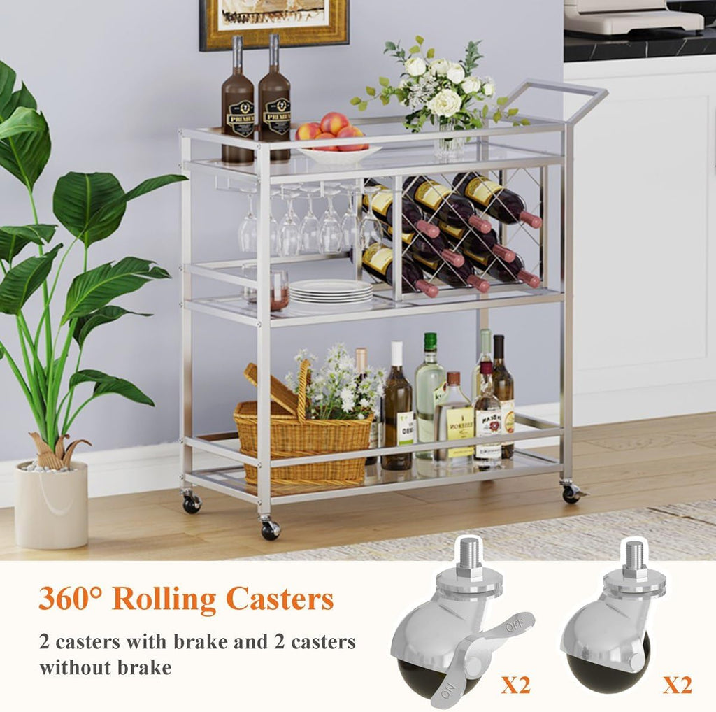 Bar Cart Silver, Bar Carts for The Home, Home Bar Serving Carts for Liquor, Rolling Wine Cart with 3 Tier Mirrored
