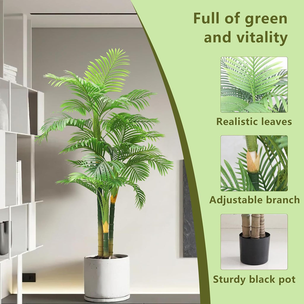 7FT Fake Palm Trees, Artificial Golden Cane Palm Tree 84IN, Green Large Tropical Palm Fake Plant in Pot for Indoor