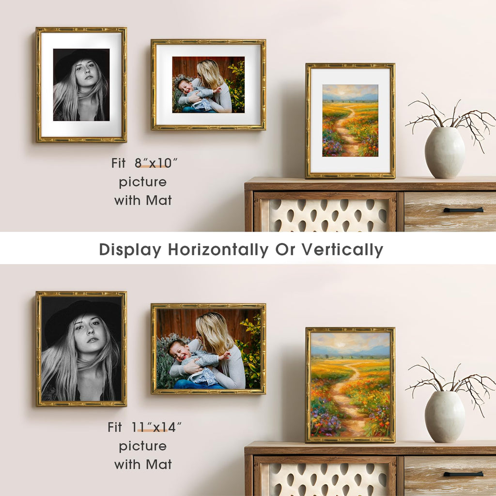 11x14 Gold Vintage Bamboo Frame for 8x10 Photo, Solid Wood