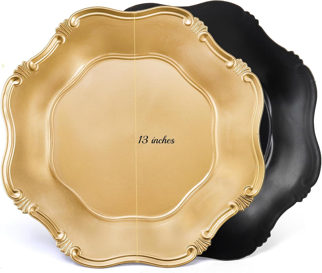 Antique Gold Charger Plates, 13" Round Embossed Chargers for Dinner Plates, Decorative Plate Chargers - Set of 12