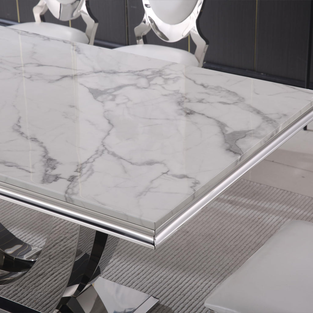 Modern Marble Dining Table for 4-8, Faux Marble Dining Table with U-Shaped Mirrored Finish Stainless Steel Base