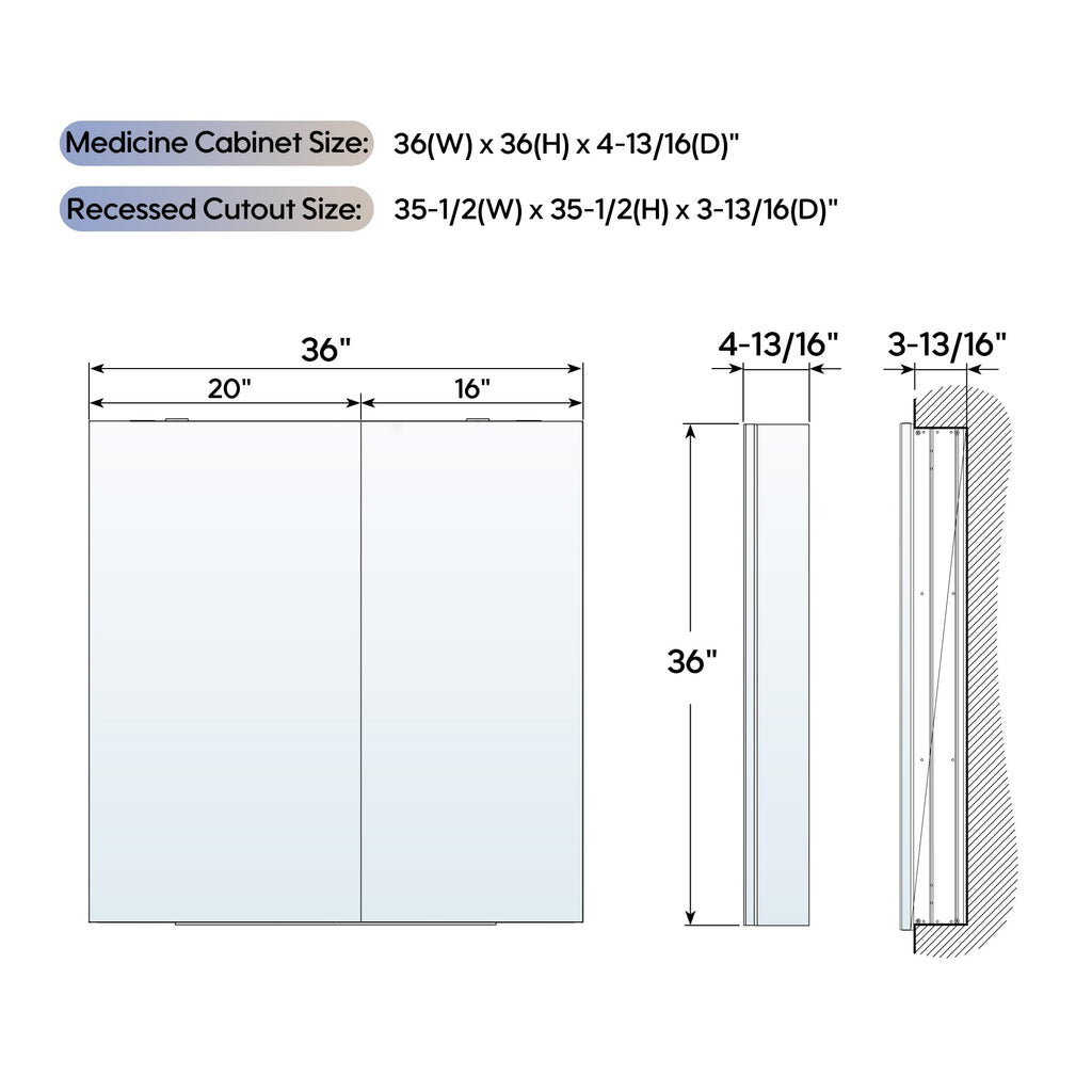 36" x 36" Bathroom Medicine Cabinet with Mirror, Anodized Chrome Aluminum Frame, Surface Mount or Recessed Medicine