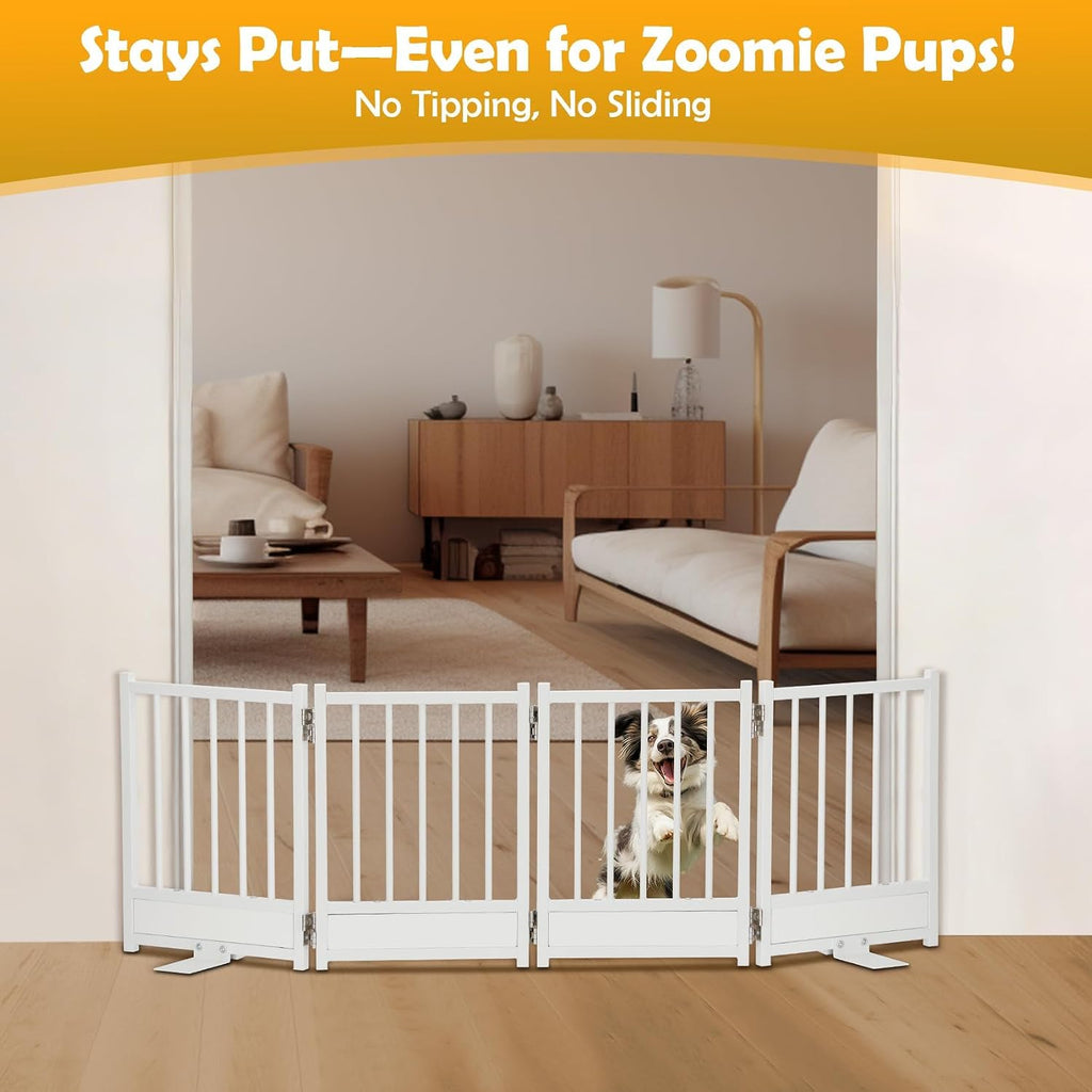 Freestanding Short Dog Gate, 16" Pet Gate Indoor with Support Feet Easily Step Over, 4 Panel Metal Wood Foldable Pet
