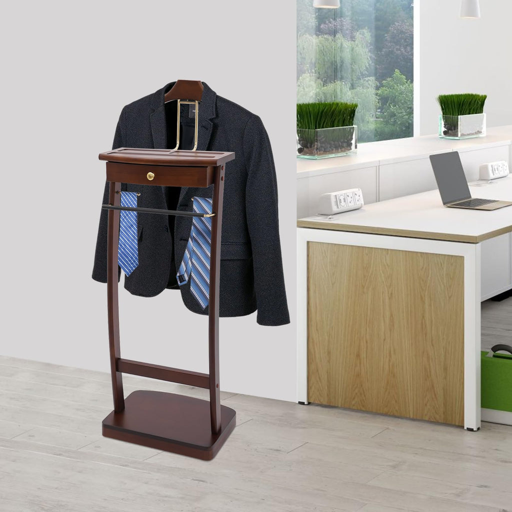 Wooden Freestanding Clothes Stand with Sturdy Base, Multi-functional Suit Valet Stand, Coat Rack with Top Drawer, Tie