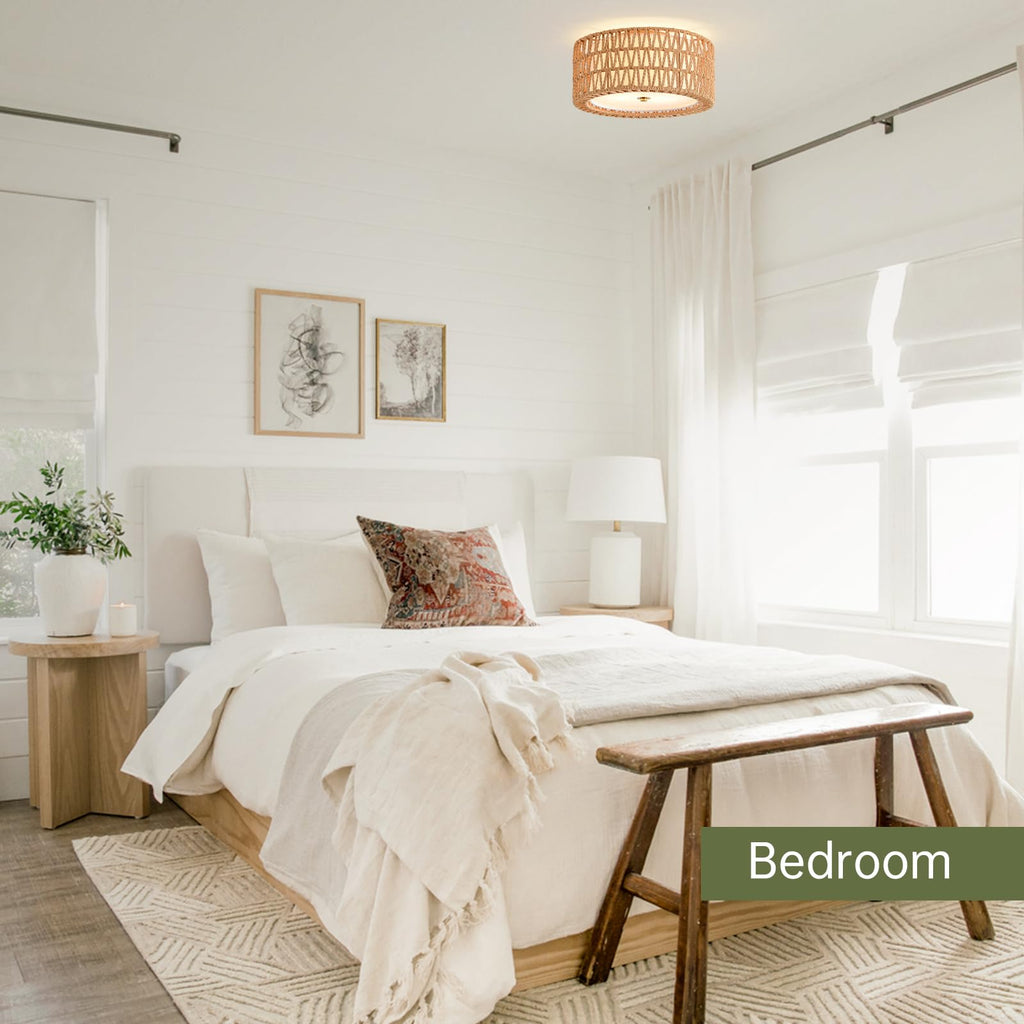 Rattan Ceiling Light 12.6" Boho Ceiling Light Fixture Bohemian