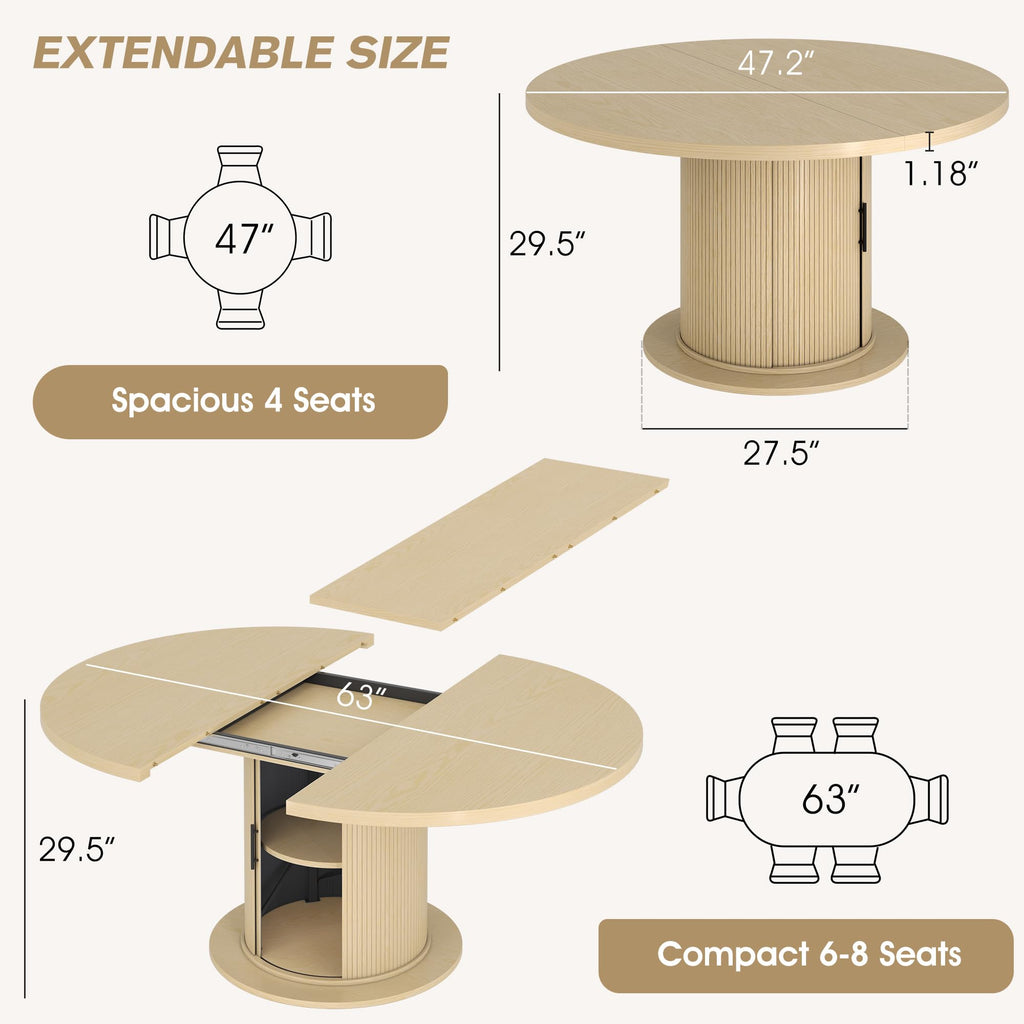 Dining Table for 4-6, 47in-63in Extendable Round Dining Room Table with Storage, Mid Century Modern Farmhouse Wood