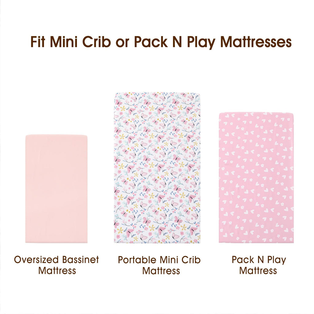 3 Pack Soft Mini Crib Sheets, Butterfly Pack N Play Sheets for Baby Girls, No Slip Universal Fit for Pack N Play
