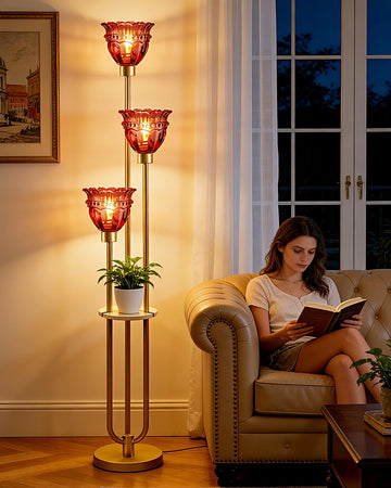 Glass Floor Lamp with Shelf Red Glass Flower Gold Floor Lamps