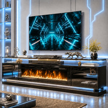 80 Inch Fireplace TV Stand for TVs up to 90", Black Entertainment Center with Black Electric Fireplace, Storage