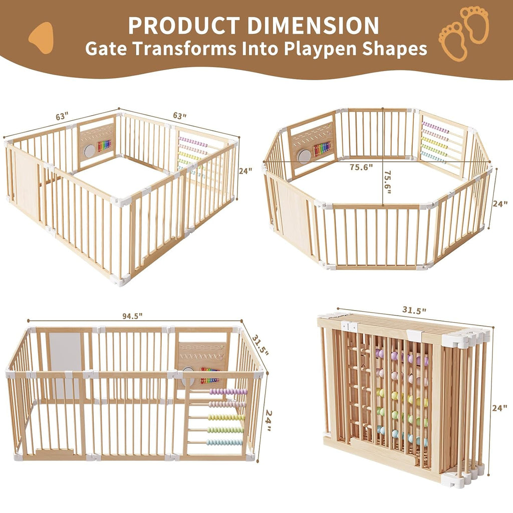 Wooden Baby Playpen, Adjustable Multi-Shape Play Yard for Baby and Toddler | 6/8/10 Panel Baby Fence Play Area
