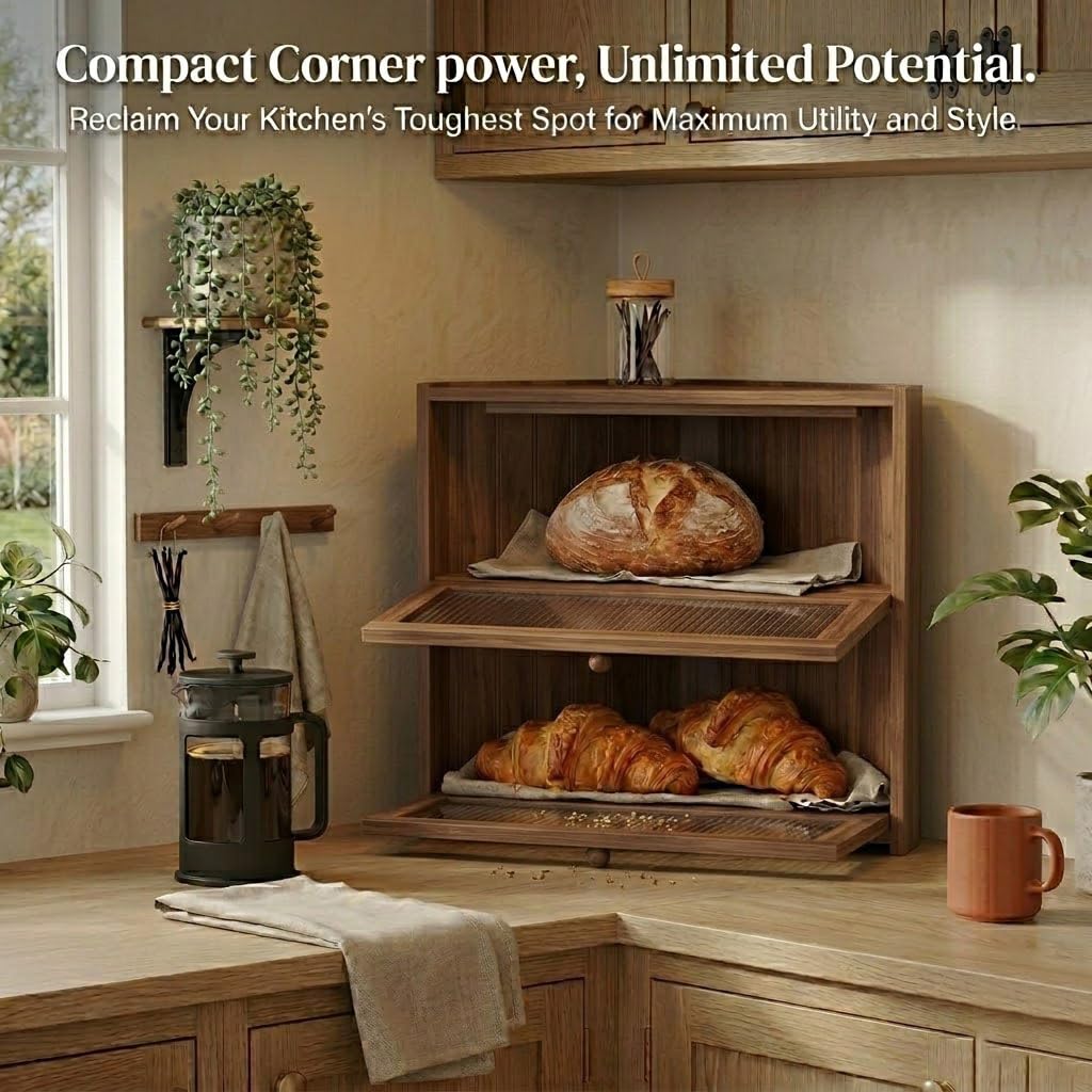 Bread Box - Brown Corner,2 Tier Bamboo Countertop