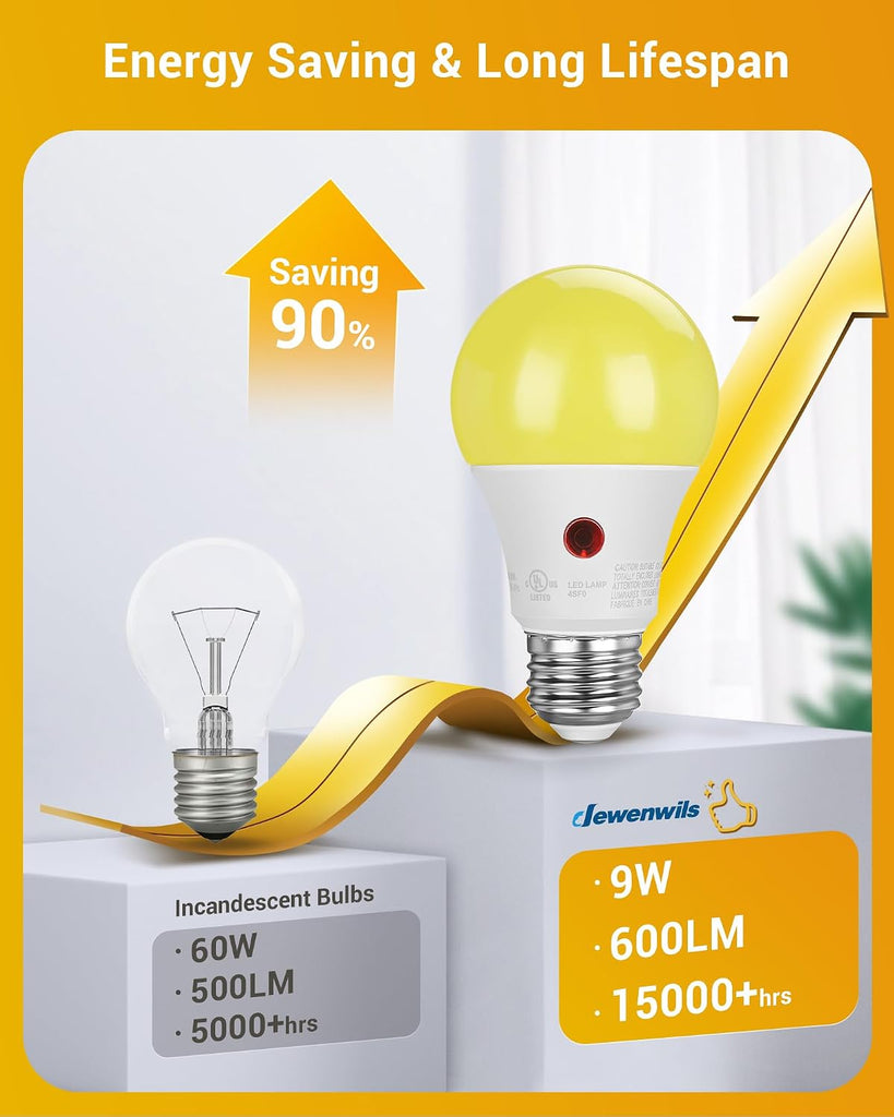 Dusk to Dawn A19 LED Bug Light Bulbs, 2000K Amber E26