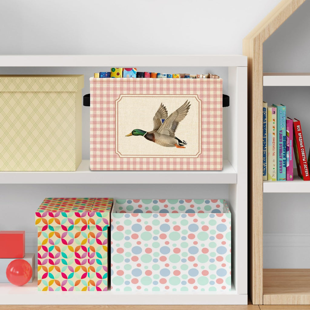 Pink Checkered Mallard Duck Storage Bins Box with Handles, Flying Mallard Duck Preppy Laundry Basket Hamper