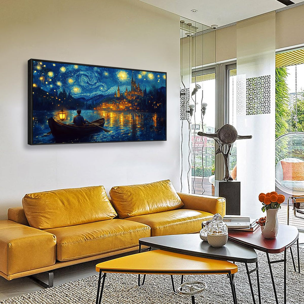 Wall Art Canvas Print Starry Night Over the Rhone by Van Gogh 30 x 58 inches Framed Home Artwork Decor Canvas Art