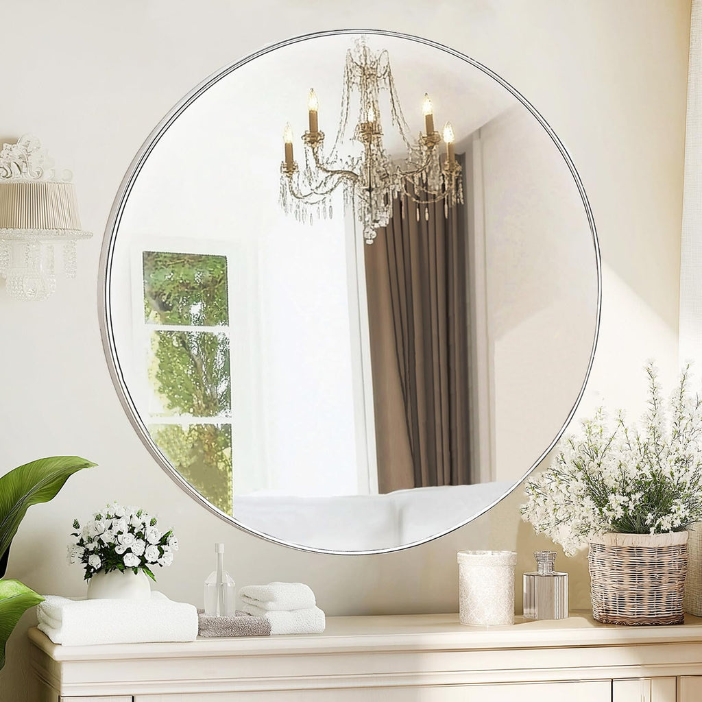 Silver Round Mirror 40 inch, Circle Mirror with Brushed Metal Frame