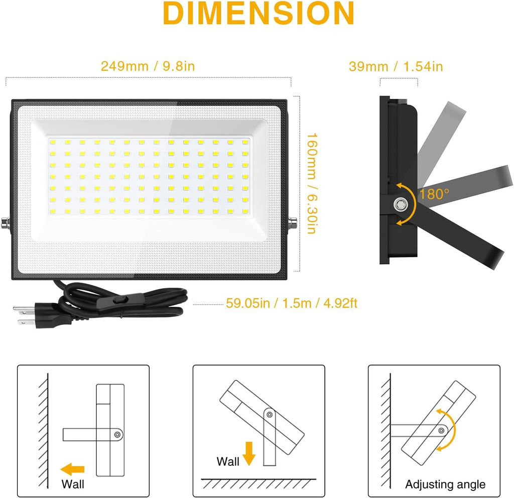120W Flood Lights Outdoor,12000lm Bright LED Work Light with Plug,Daylight White LED Flood Lighting, IP66 Waterproof