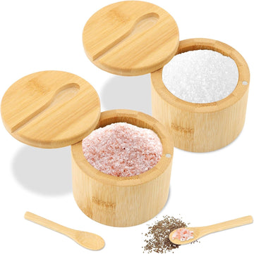 Bamboo Salt Cellar with Magnetic Swivel Lid & Spoon, Spice Box Bowl Storage Box Salt Container to Storage - Set of 2