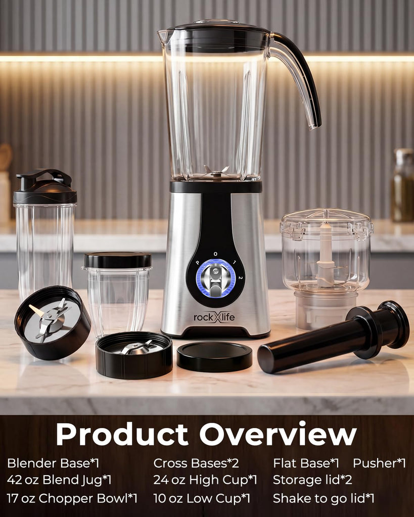 Blender and Food Processor Combo, 5-in-1 Countertop Blender with 42 oz Pitcher, 24 oz Travel Cup, 17 oz Chopper and