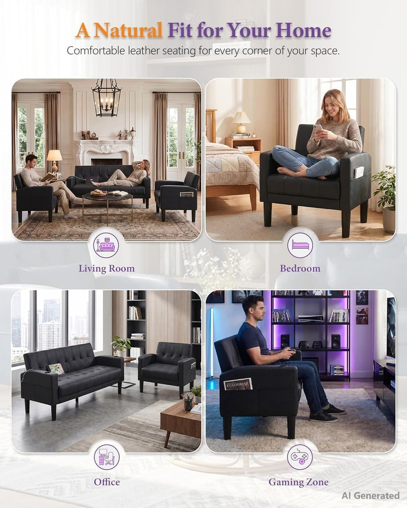 Light Grey Couch and Chairs Set, 3 Piece Living Room Furniture Set with USB & Type-C Ports, Fabric Loveseat Sofa and