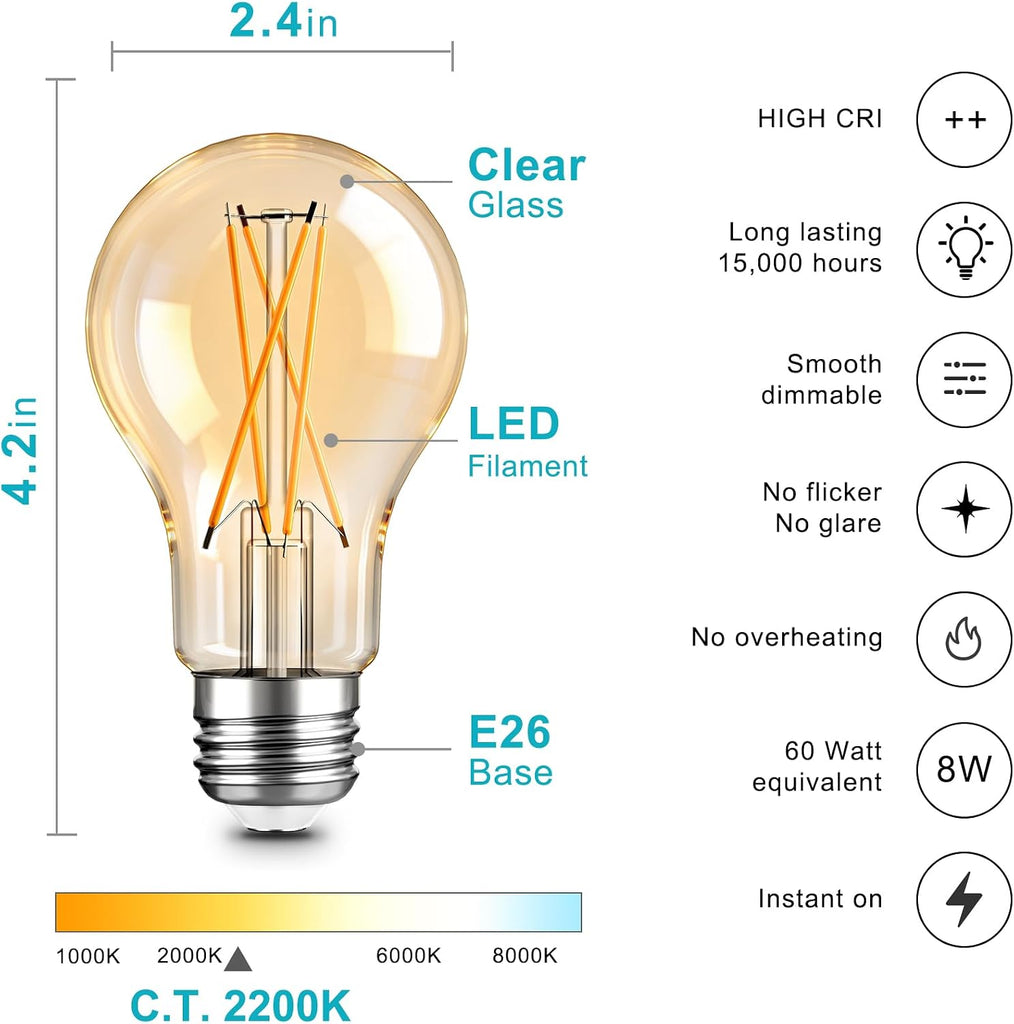 A19 LED Edison Light Bulb, E26 Dimmable Bulb, 60W Equivalent