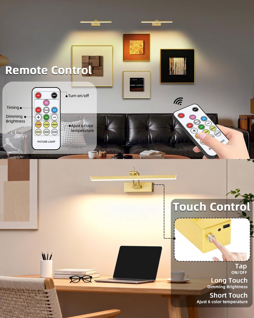 2 Pack 16-Inch Picture Light with Remote, 5200mAh Battery Operated