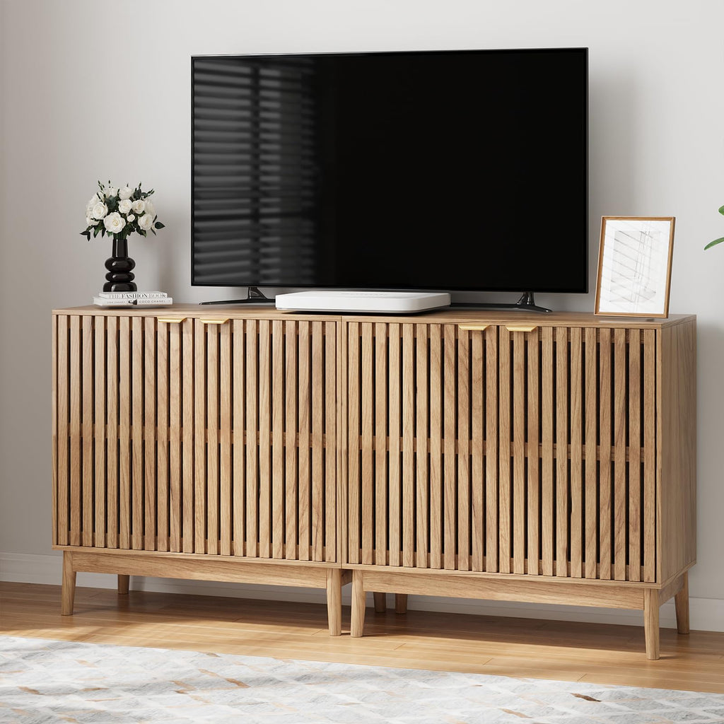 Wooden Sideboard Buffet Cabinet with Slatted Ventilation Doors & Adjustable Shelf, Sideboard Cabinet Storage Cabinet
