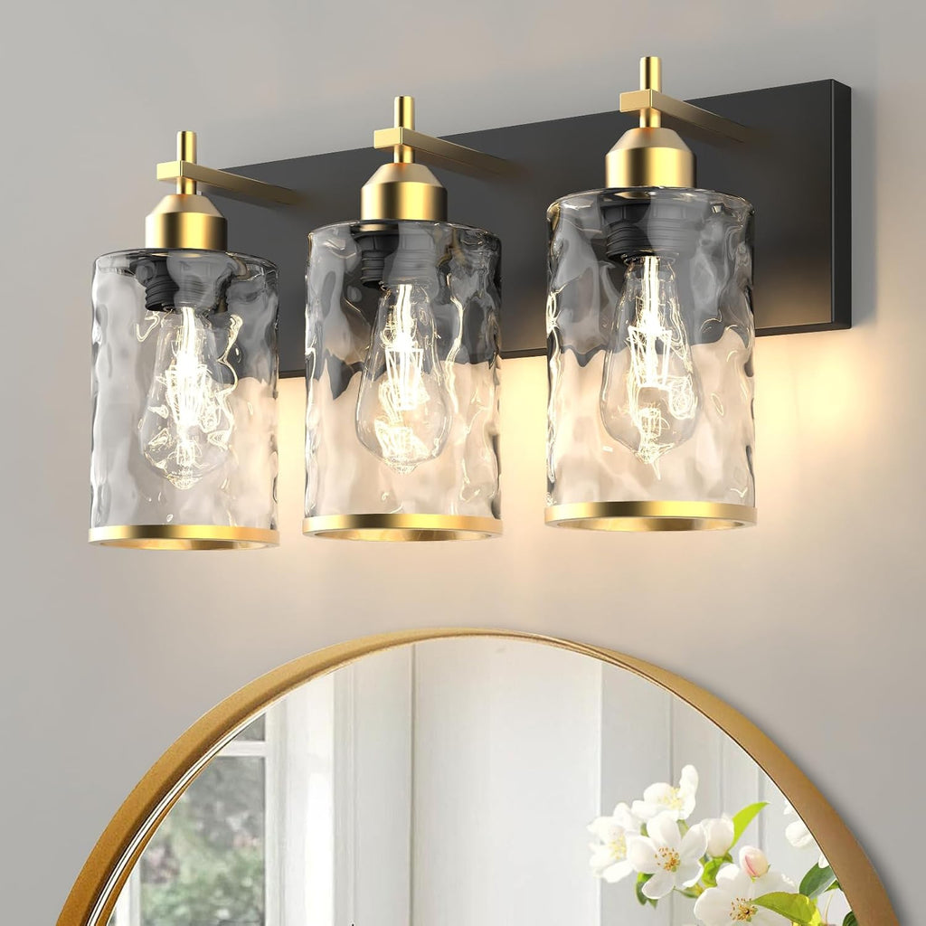 3-Light Bathroom Vanity Light Fixtures, Modern Bathroom Lighting Fixtures Over Mirror with Golden Wave Glass