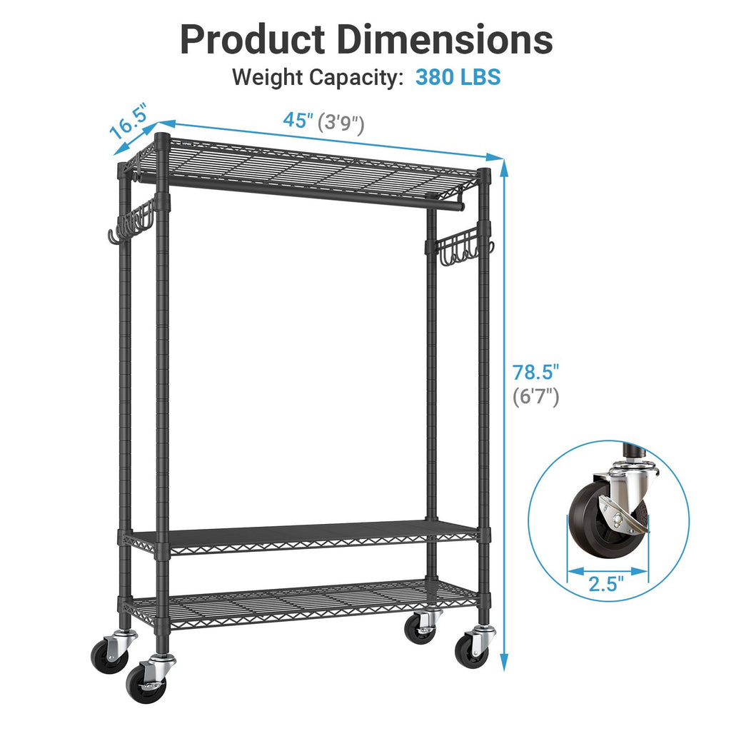R3 Plus Rolling Clothes Rack Heavy Duty Closet for Hanging Clothes