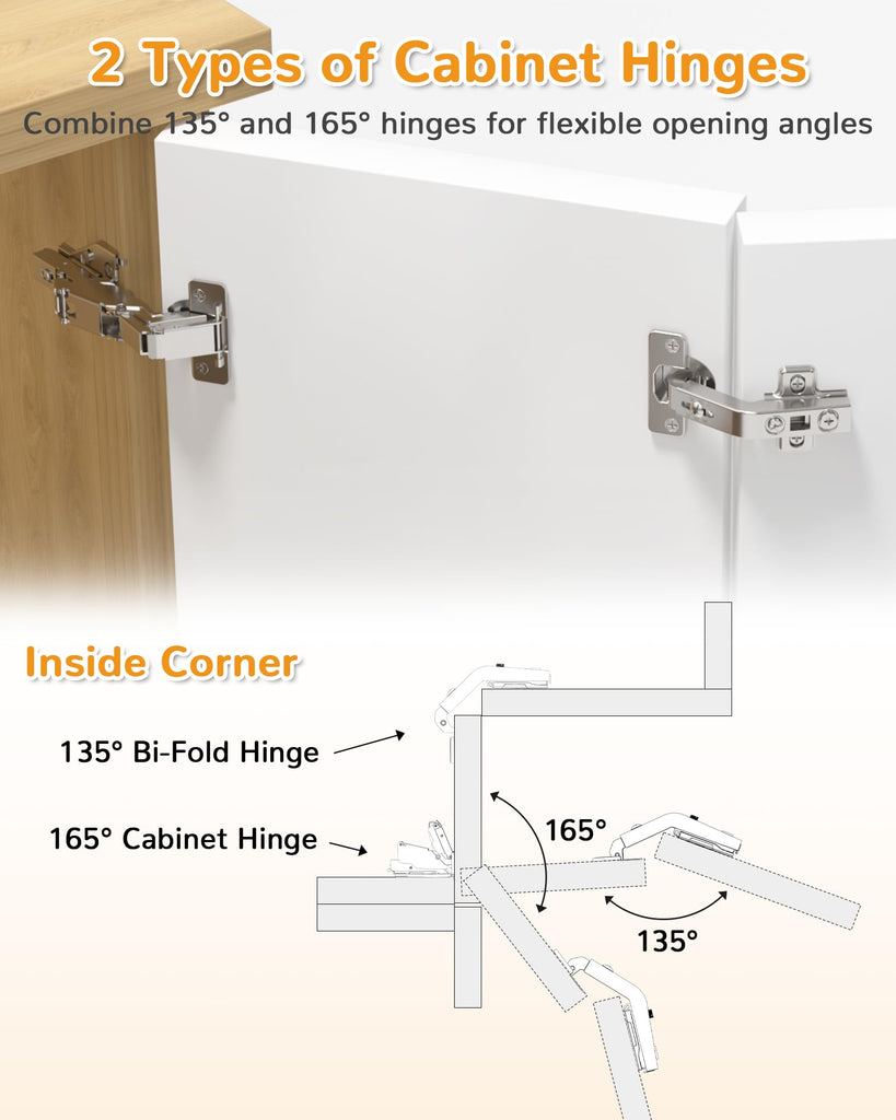 2 Pair 135 Degree & 165 Degree Hinges Kit for Pie Corner Cabinets, Hidden Lazy Susan, Face Frame Self Closing, Clip