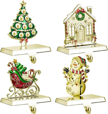 4 Pack Christmas Stocking Holder Set for Mantle Christmas Decorations Mantle Fireplace Topper-House, Sleigh,Snowman