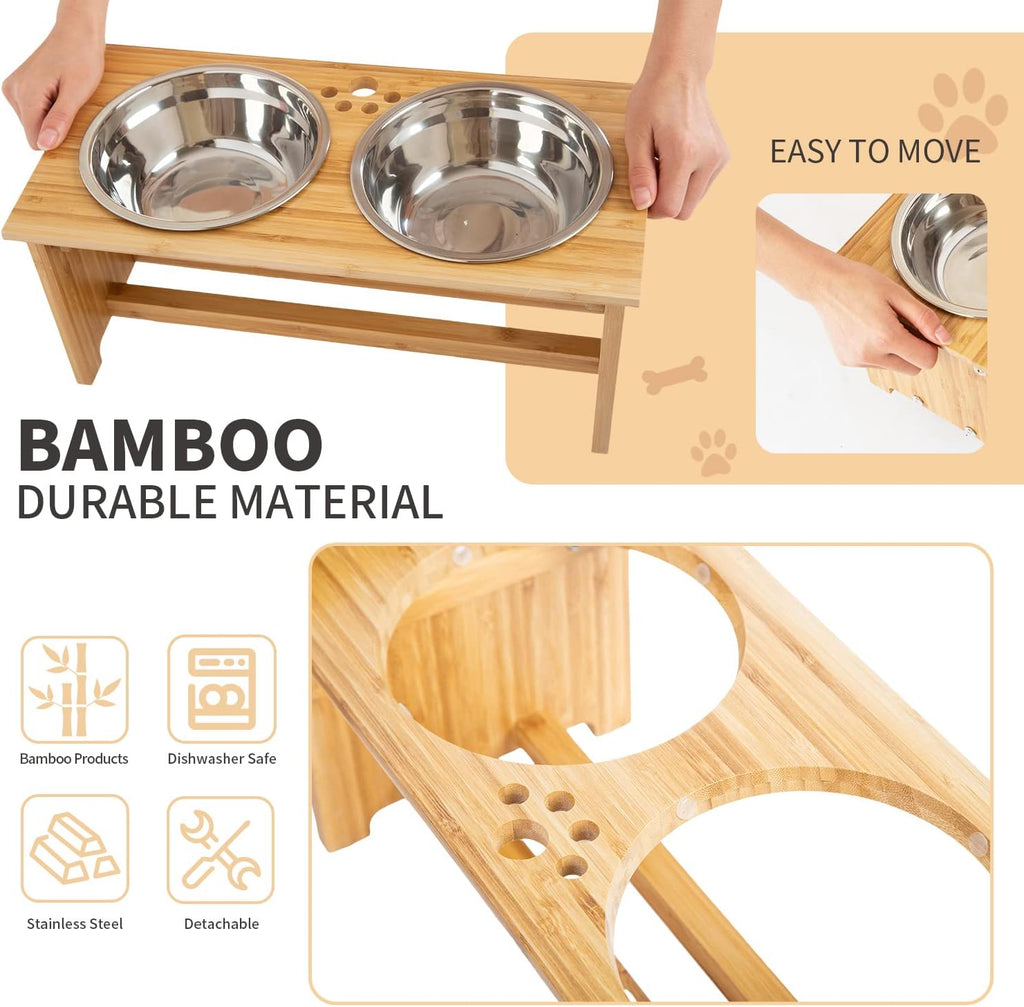 Raised Pet Bowls for Cats and Small Dogs, Bamboo Elevated Dog Cat Food and Water Bowls Stand Feeder with 2 Stainless