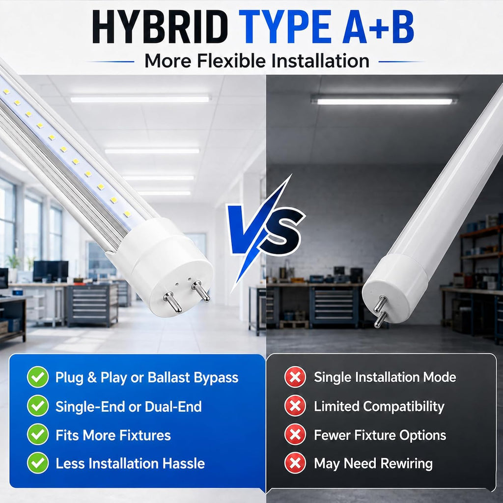 4FT T8 LED Tube Light, Hybrid Type A+B, Plug & Play or Ballast Bypass, Single-End or Dual-End Powered, 20W 2000