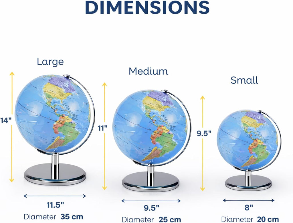 LED Illuminated World Globe with Chrome Rotating Stand - Desk Display Globe with Lighted Map, Metal Base, Plug
