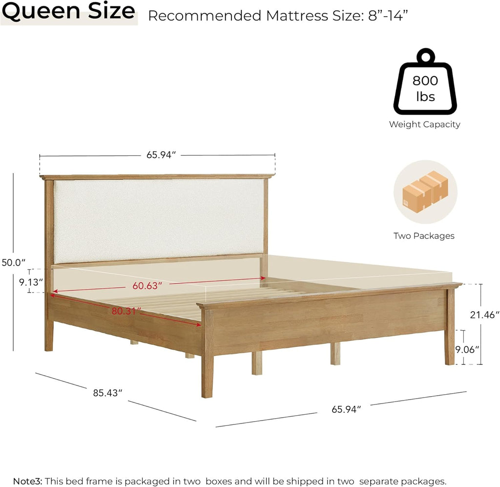 Queen Platform Bed Frame, with Boucle Upholstered Headboard & Wooden Slats Support, Modern Farmhouse Style Bed, No