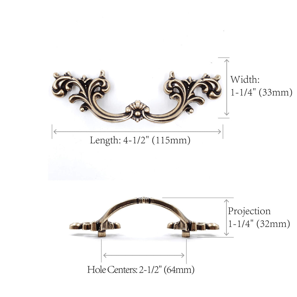 French Provincial Drawer Pulls - 6-Pack, Antique Brass, 2-1/2" Hole Centers, Vintage Shabby Chic Pulls for Dresser
