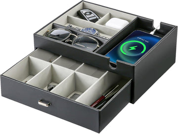 2 Layers Valet Tray Gift for Men, Nightstand Organizer EDC Dump Catchall Trays with Phone Charging Station, Dresser