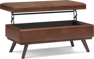 Owen 42" Wide Vegan Leather Lift Top Ottoman in Saddle Brown | Distressed saddle brown, mid-century modern lift-top