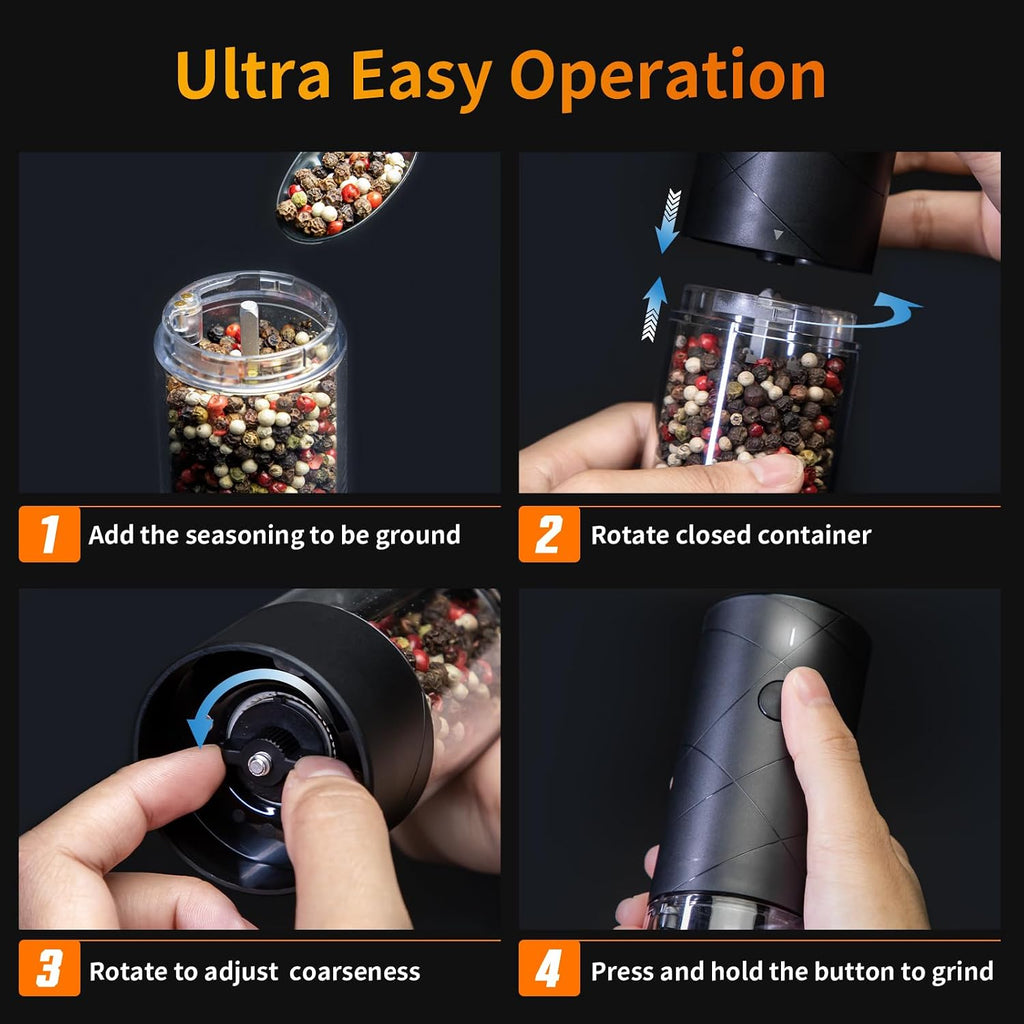 Electric Salt and Pepper Grinder Set USB Rechargeable with Warm LED Light, Adjustable Coarseness Large Capacity - Set of 2