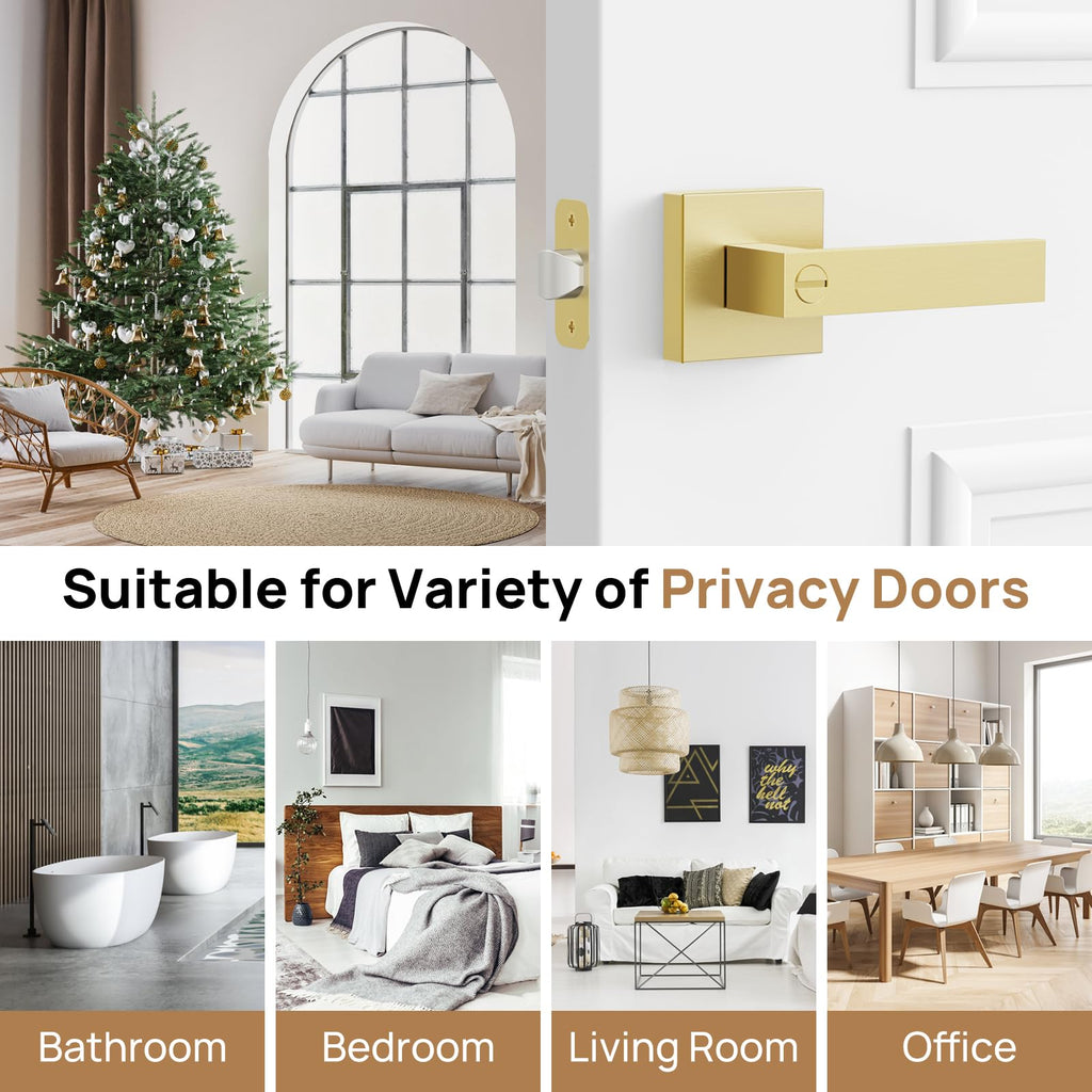 2 Pack Gold Privacy Door Knobs, Modern Keyless Door Handles Interior, Door Locks s, Bathroom, Heavy Duty Zinc Alloy