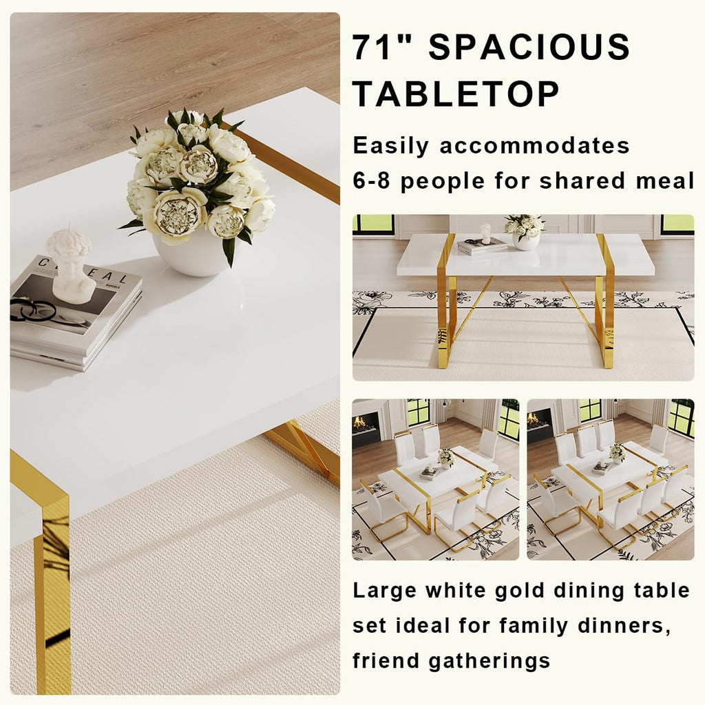 White Dining Table Set for 8, 71'' Kitchen Table and White Leather Dining Chairs Set of 8, 9 Piece Dining Room Table