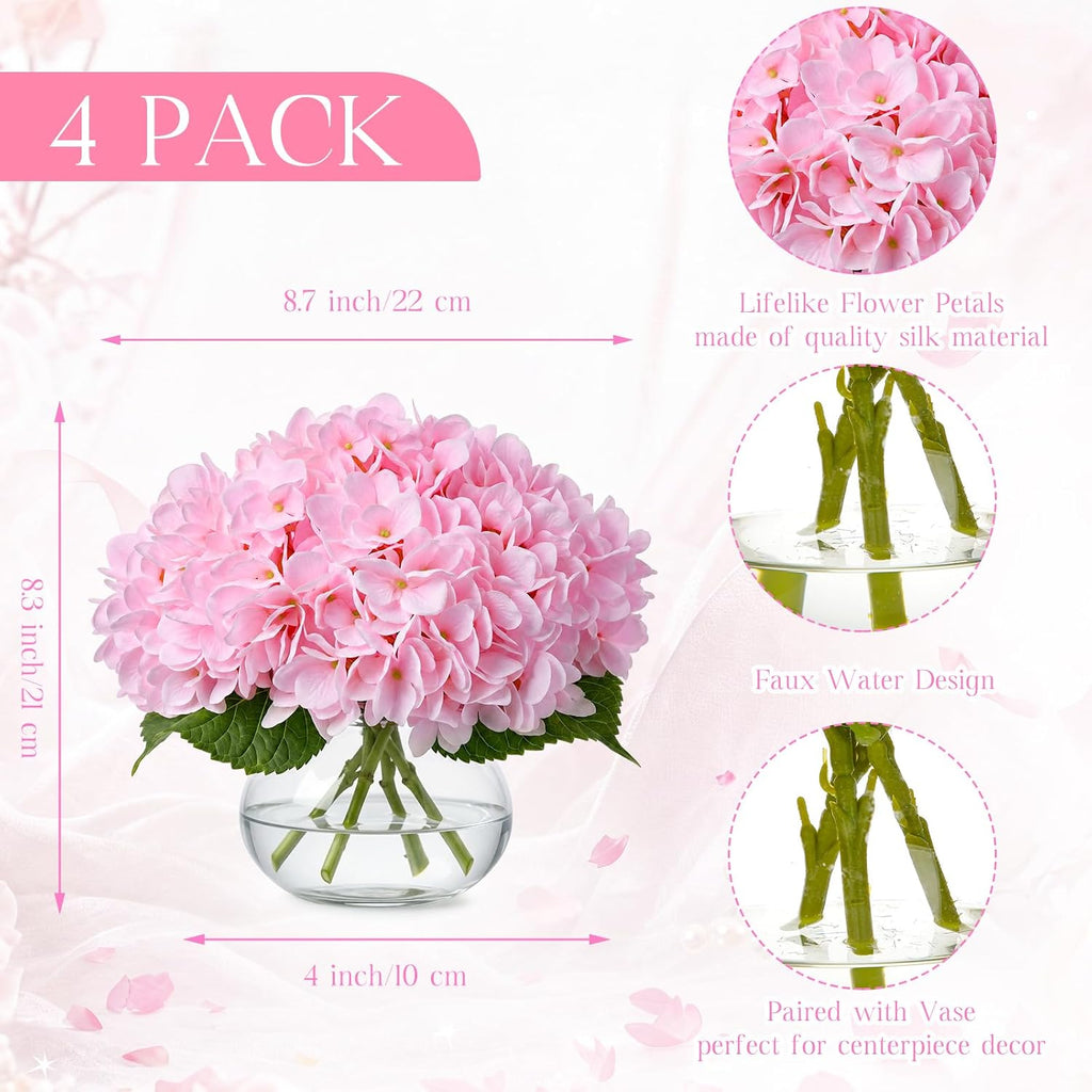 Hydrangea Artificial Flowers Hydrangea Flowers Fake Silk Hydrangeas with Faux Vase and Water Table - Set of 4