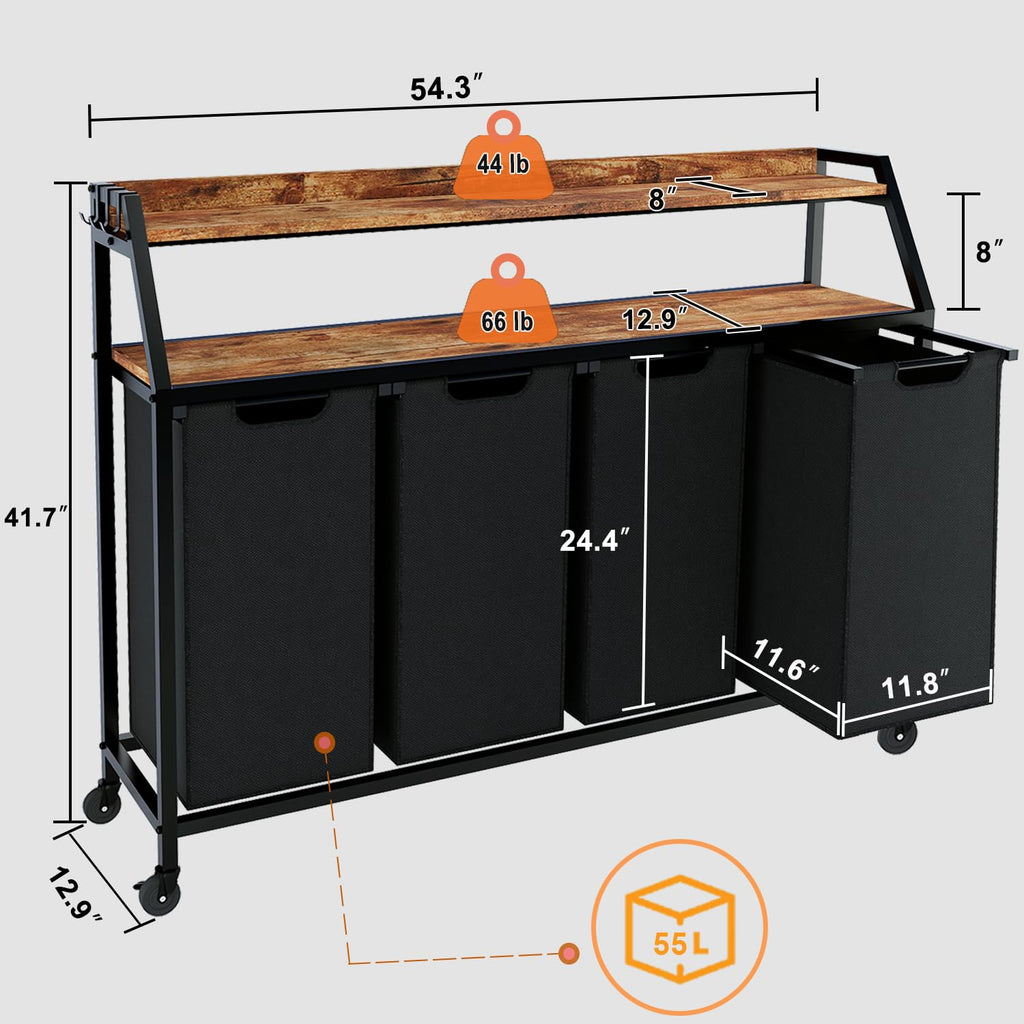 Laundry Hamper, Laundry Sorter with 4 Section, Rolling Basket with Wheels, 2 Shelves, 4 14.5 Gal, Pull-Out and
