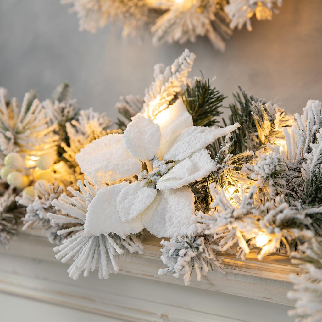 2PCS 9ft Christmas Garlands with Lights, Pre-Lit Snow Flocked Greenery Garlands Poinsettia Pine Garlands with 50 Warm