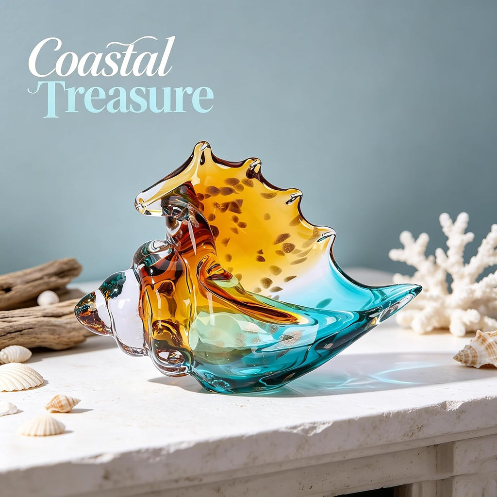 Sea Glass Art Hand Blown Conch Shell Sculpture, Murano Style Coastal Decor, Seashell Decor for Beach House, Above - Set of 50