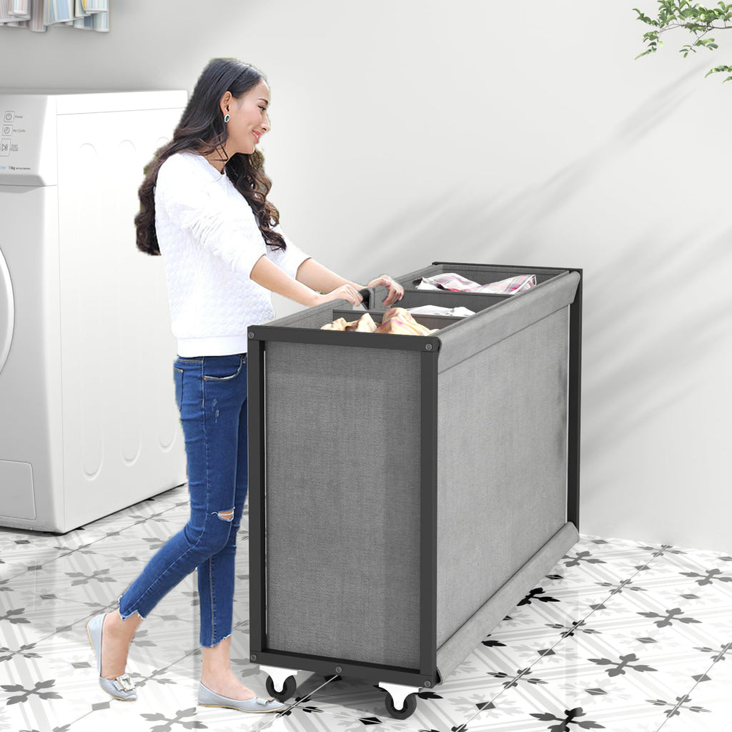 Hamper Laundry Basket with 3 Section 200L Pull-Out Rolling Bags
