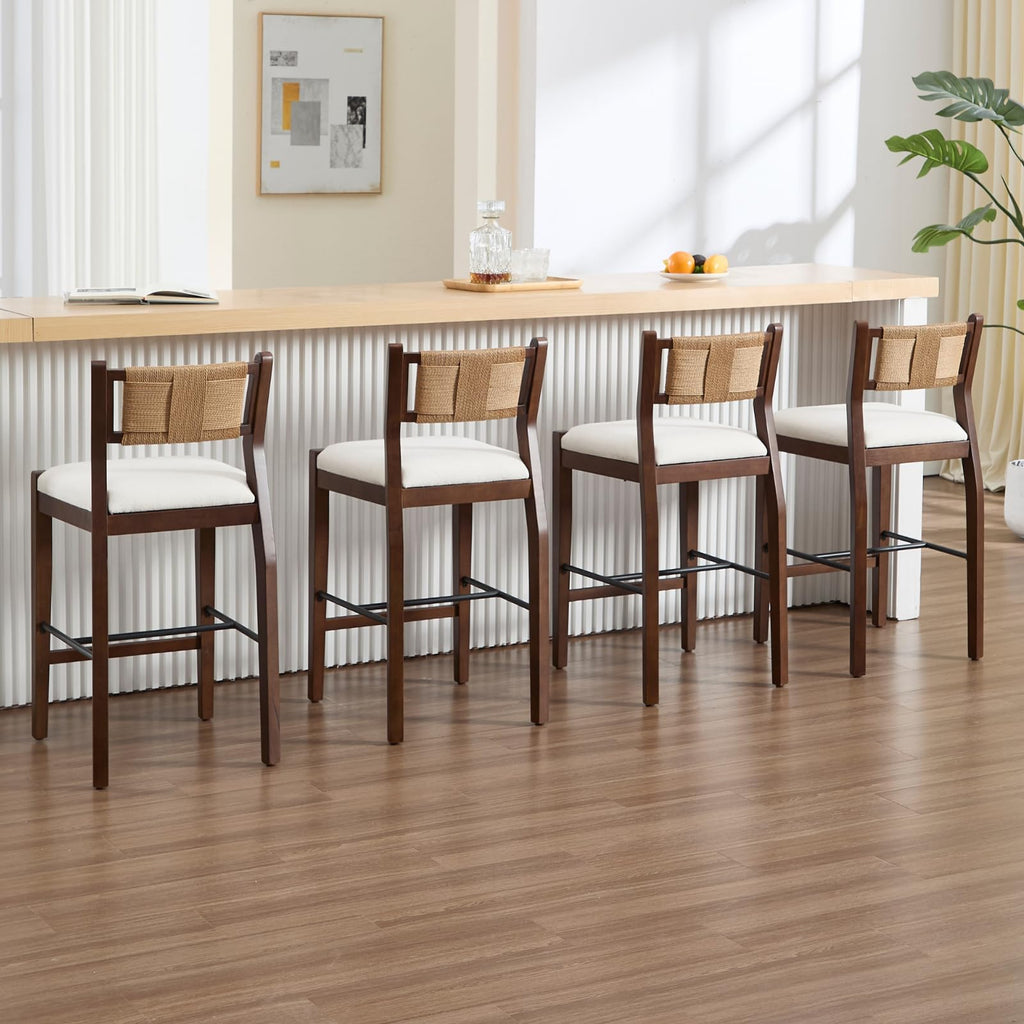 Rattan Counter Height Bar Stools Set of 2, 26" Boho Barstools with Woven Backs, Mid Century Walnut Wood Bar Stool