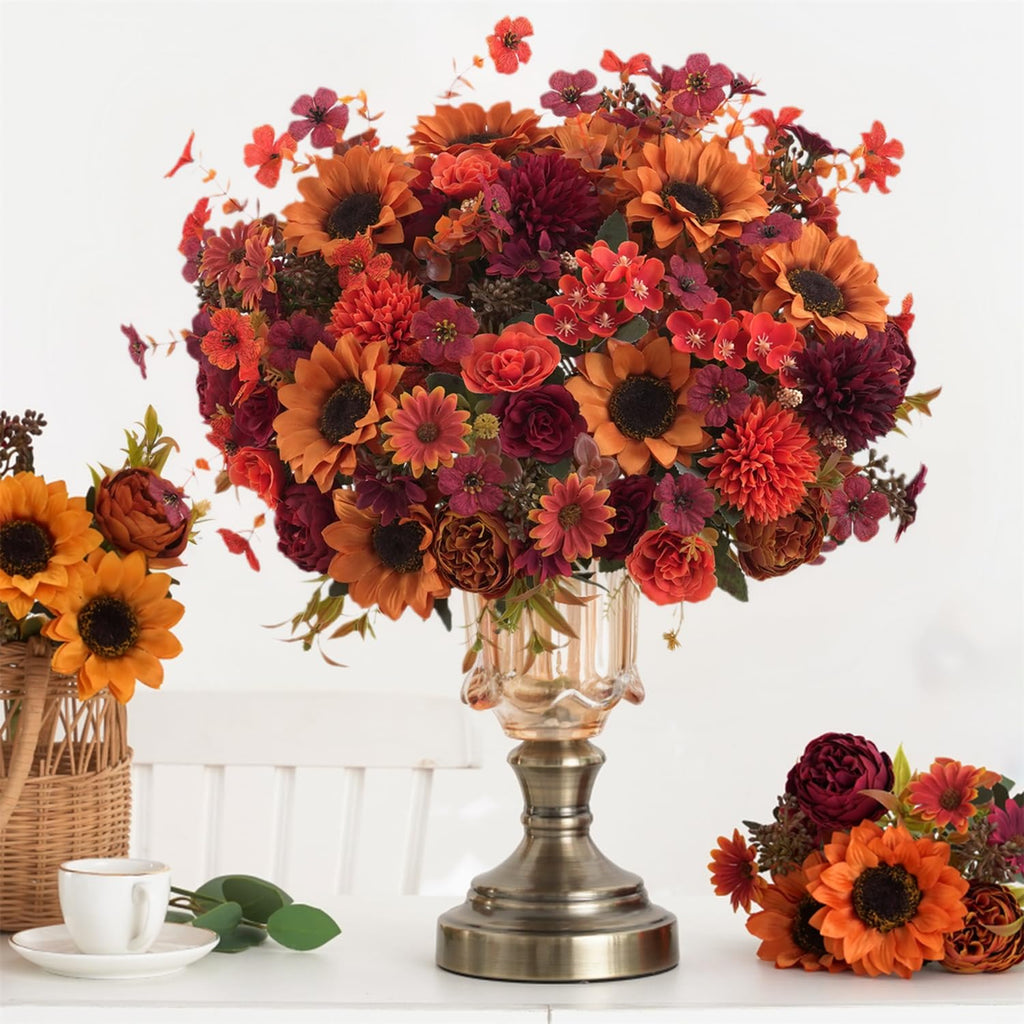 Mixed 10 Pcs Fall Artificial Sunflower Peony Bouquet, Burnt Orange Burgundy Silk Faux Flower, Autumn Faux Floral