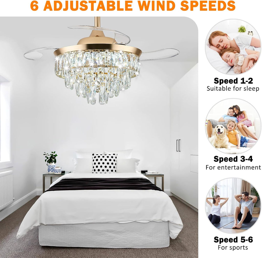 36" Crystal Ceiling Fan with Light, Retractable Fandelier with Remote/App