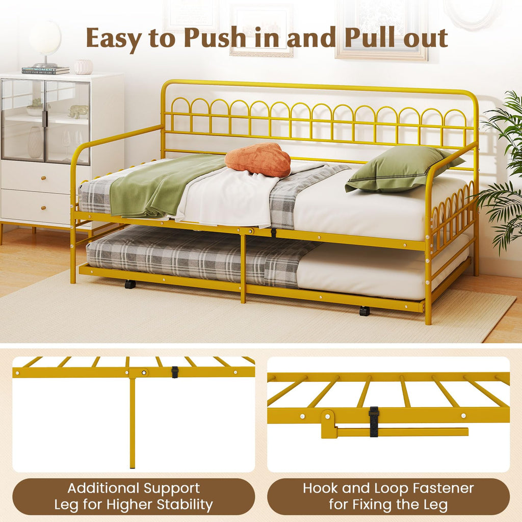 Twin Daybed with Trundle Gold, Metal Day Bed with Convenient Pull-Out Trundle Bed, Metal Slats, Lockable Universal